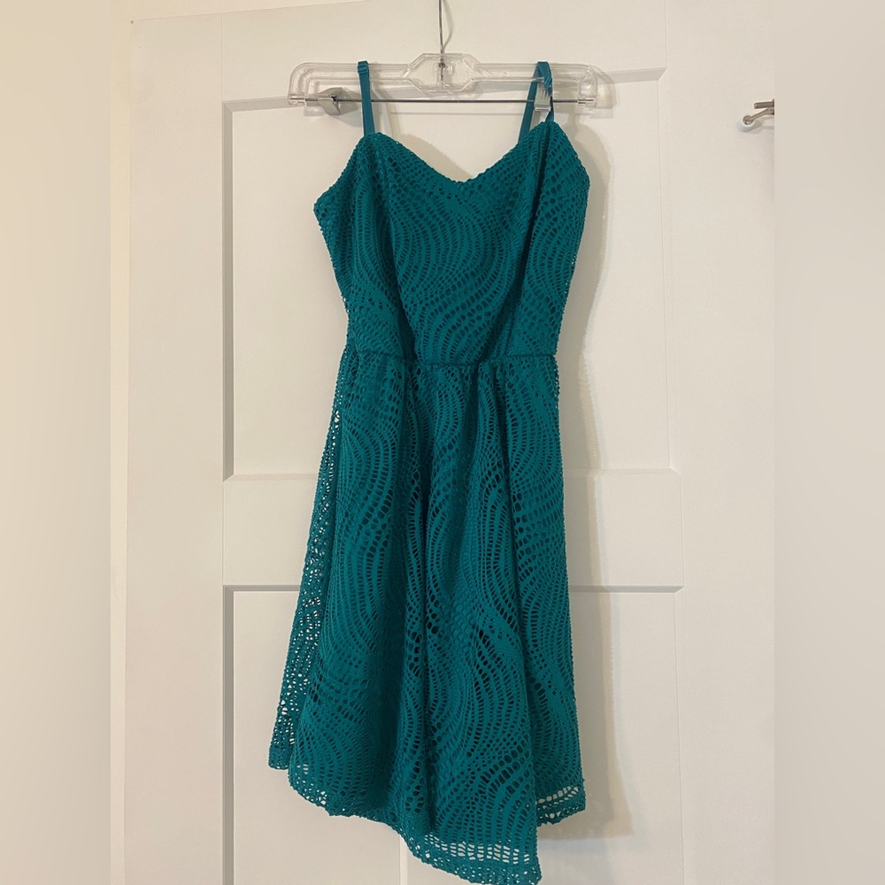 Maurice’s teal mesh overlay midi spaghetti strap dress